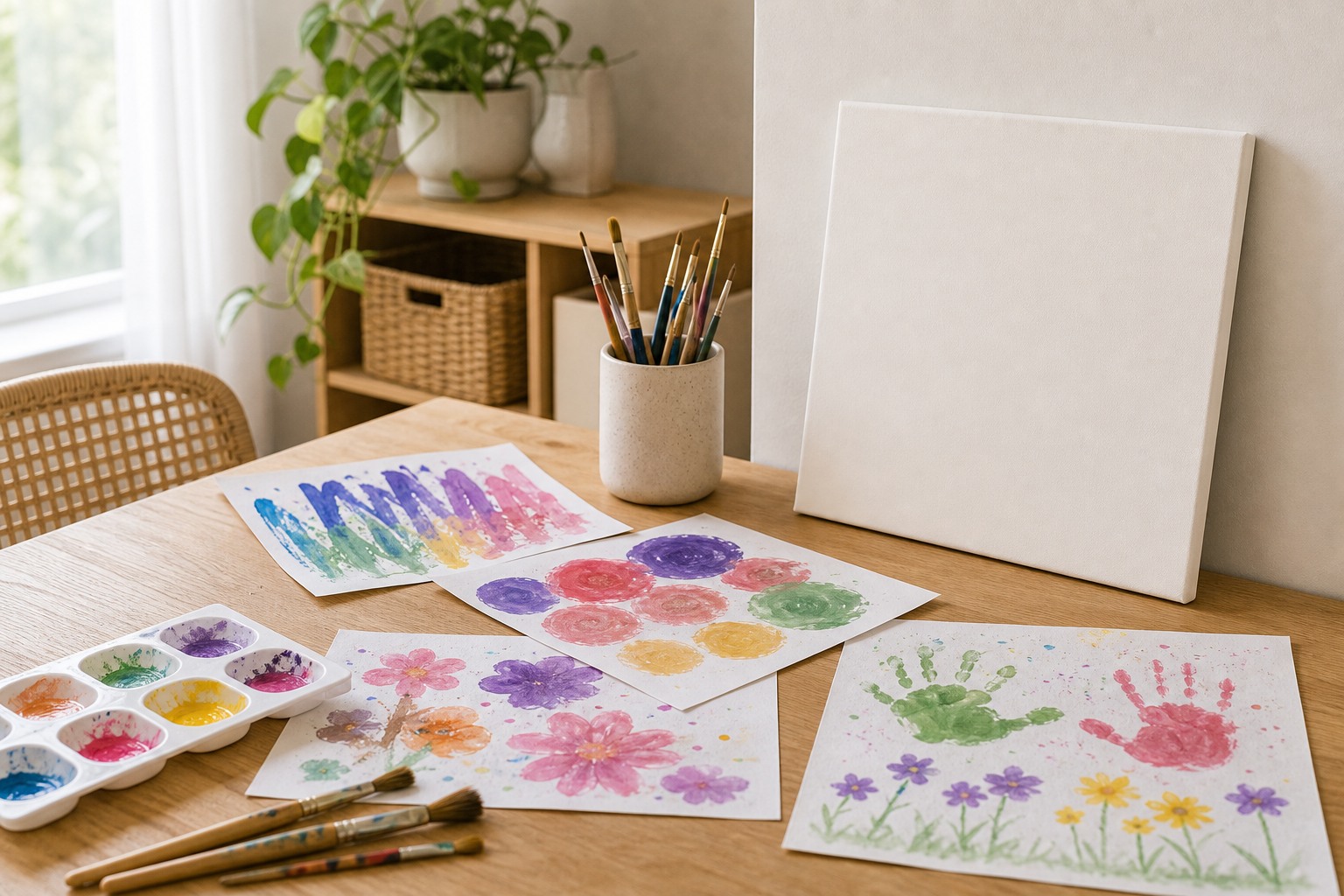 Child-created messy play artwork beside a blank canvas area.